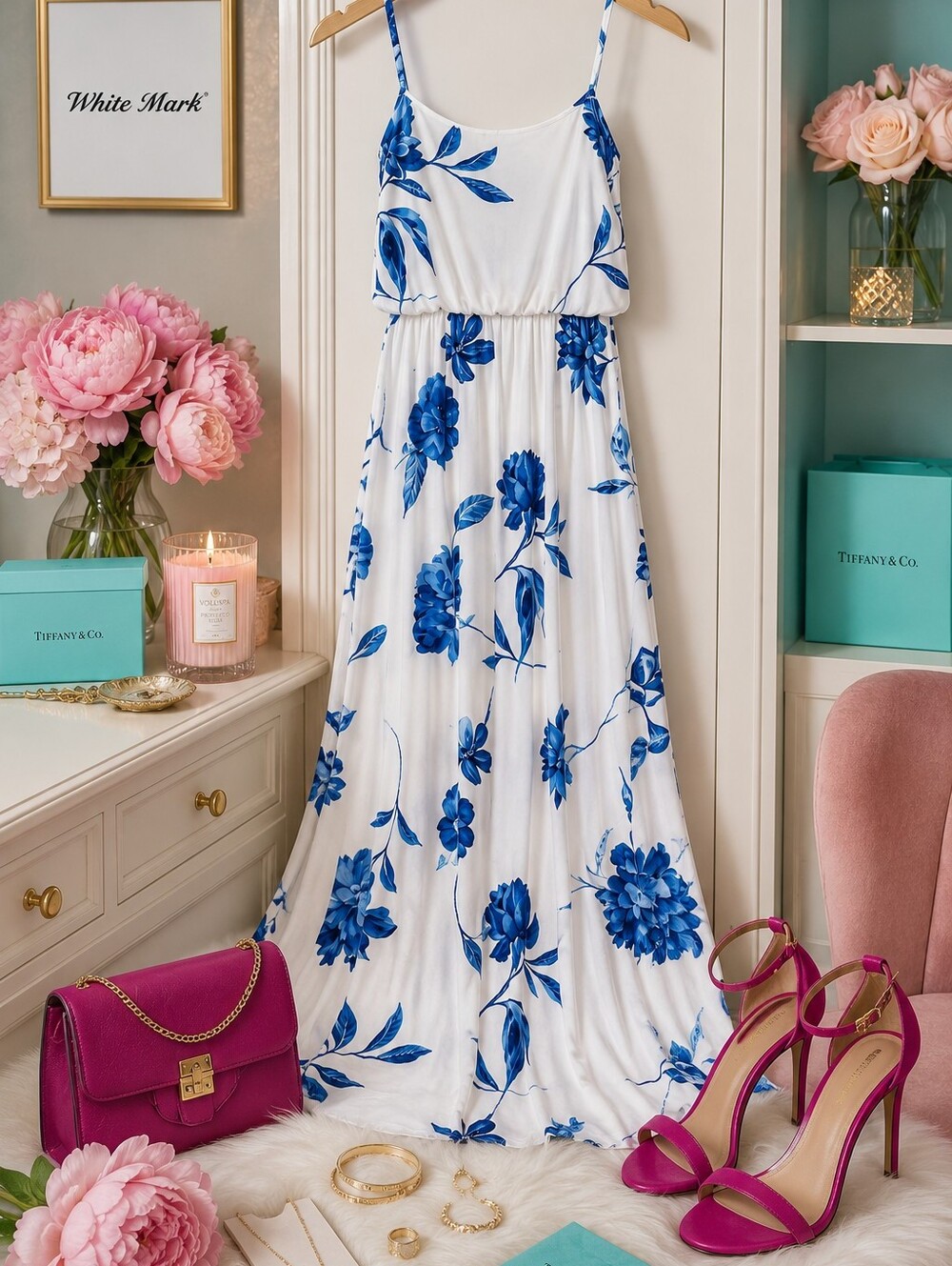 Blue Floral Maxi Dress XL | Stretch Sleeveless Boho Chic